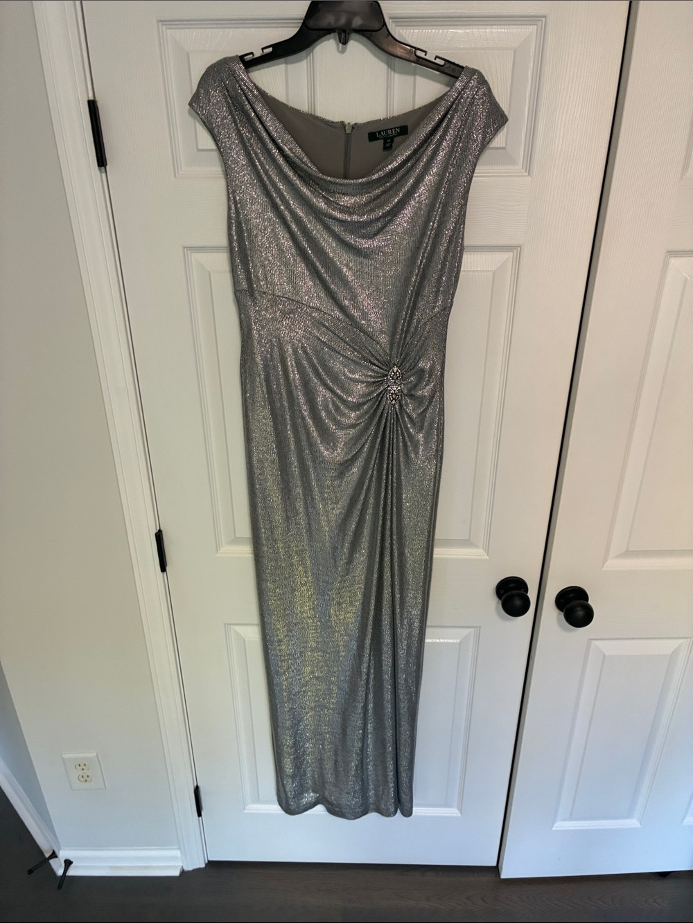 Ralph Lauren Silver Metallic Cowl-Neck Maxi Dress